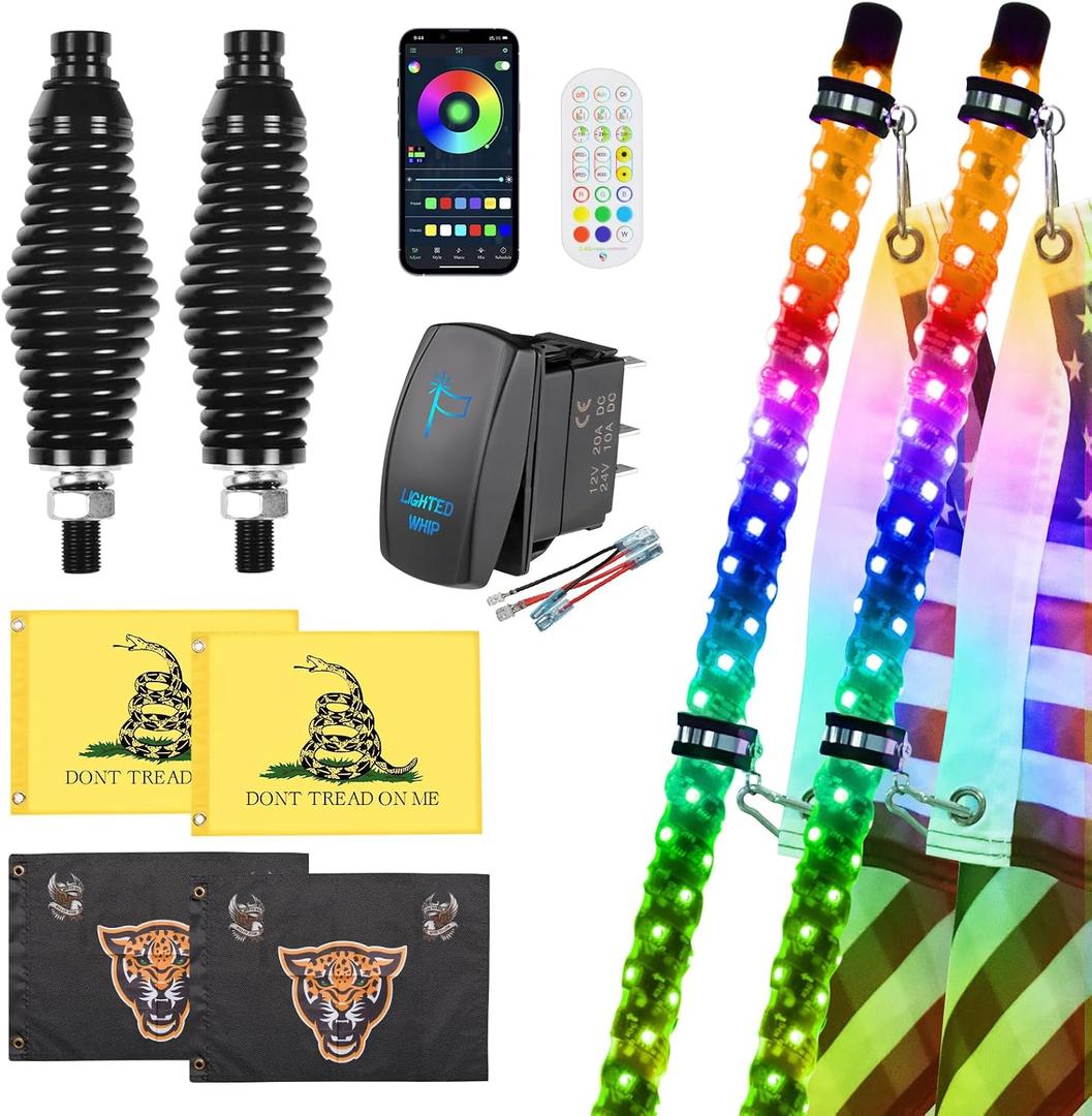Ehaho 2 Pack 6FT Whip Lights with Spring Base,LED Whip Light with App & Remote Control,Spiral RGB Chasing Lighted Whips with Rocker Switch,Music Whip Light for UTV ATV Polaris RZR Can-Am SXS Truck
