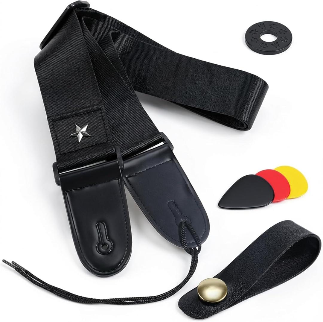 Acoustic Electric Guitar Straps, Bass Guitar Straps, Guitar Strap, Adjustable Leather Ends Woven Simple with Pick Pocket, Pads, Leather lanyard