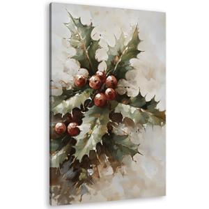 TLESKE Vintage Winter Holly Berries Wall Art Decor, Rustic Red Holly Berries Canvas Wall Art Print for Bedroom Living Room, Christmas Wall Artwork Picture, 16x24