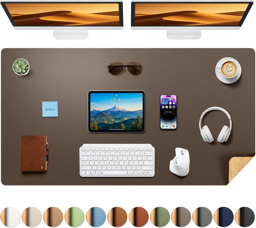 Aothia Cork Desk Mat - Dual-Sided XL PU Leather Desk Pad & Full Desk Protector, Large Waterproof Desktop Mat for Office & Gaming (47" x 23.6", Coffee)