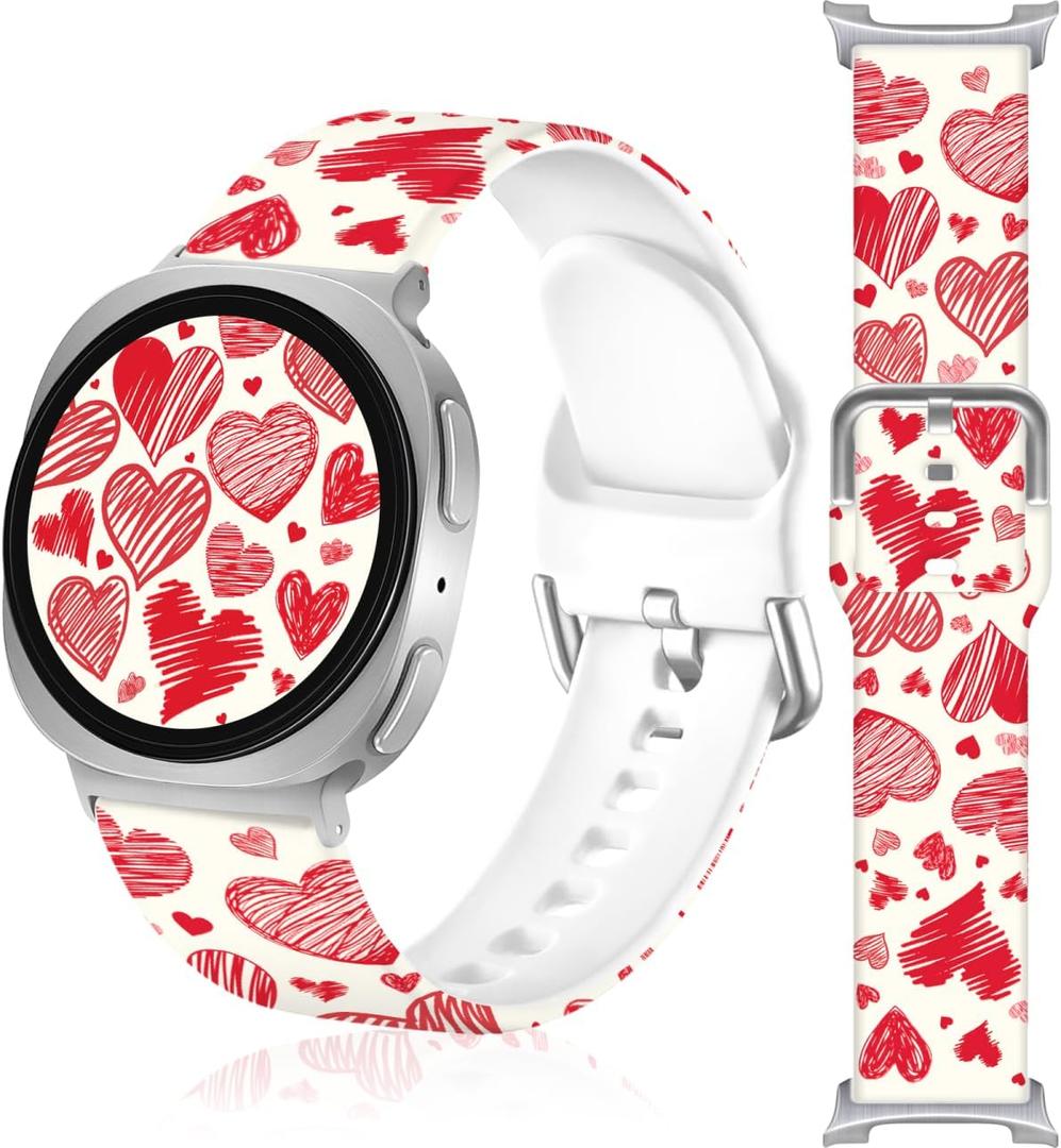 Valentines Day Watch Bands Compatible with Samsung Galaxy Watch 8 40mm 44mm /8 Classic 46mm (22mm Pattern Silicone Strap with Stainless Steel Adapter) Red Heart 20mm