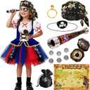 Latocos 14pcs Girls Pirate Costume Dress Kids Pirate Accessories Hat Eye Patch Halloween Dress Up Role Play Gift (110, 4-5T)