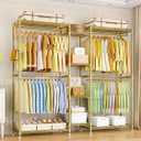 Ulif E4 Clothes Rack, Heavy-Duty Garment Rack, Metal Freestanding Clothing Organization Storage System Can Be L-Shaped with Shelves and Hangers, Max Load 962lbs, 71.6" W x 14.5" D x 79.3" H, Gold