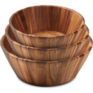 Wooden Bowls, Wooden Salad Bowl Set of 3 - Round Design Large Salad Bowl Set for Serving, Handmade, Durable and Stylish Natural Wood Dining Accessory by Woodenhouse