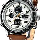 PINDOWS Watch for Men, Waterproof Big Dial Analog Digital Sport Multifunction LED Backlight Fashion Wristwatches, Alarm Stopwatch Calendar, Brown White