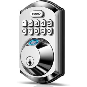 TEEHO TE002 Fingerprint Door Lock - Keyless Entry Electronic Keypad Deadbolt with 2 Backup Keys - Auto Lock - Easy Installation - Smart Locks for Front Door - Satin Nickel