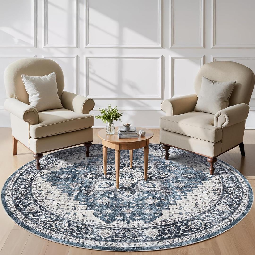AMADA Round 8x8 Washable Area Rug for Dining Room, Blue, Vintage Pattern