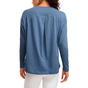 CRZ YOGA Pima Cotton Long Sleeve Workout Shirts for Women Loose Fit Crew Neck Yoga Athletic Tops Casual Fall Shirt Ink Blue Medium