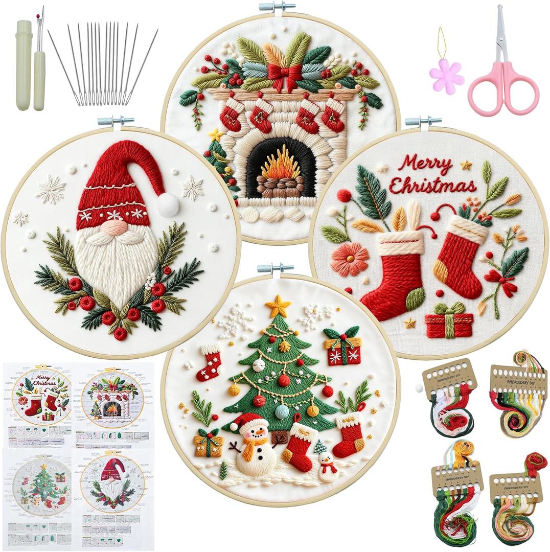 QCCTPUU 4 Sets Christmas Embroidery Kits, Beginner Embroidery Kit for Adults, Cross Stitch Kits for Beginners with Hand Embroidery Tools (Instructions, Needles, Threads