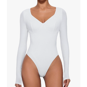 Bodysuit for Women Long Sleeve Double Lined Tank Top V Neck Bodysuit Tummy Control Shapewear, Small
