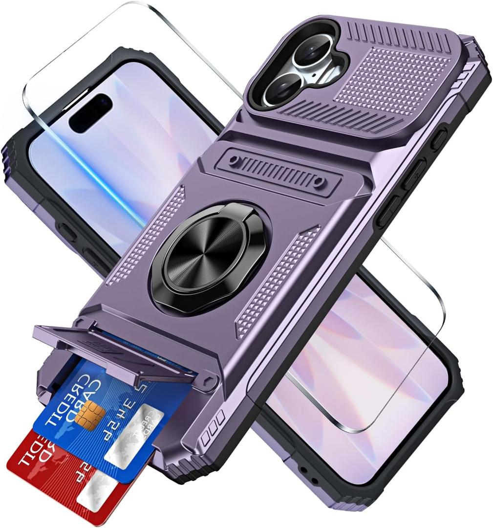Benbenjaytek for iPhone 17 Wallet Case with Card Holder + 1 Screen Protector, (2 Cards) & 360Ring Kickstand Military Grade Drop Shockproof Rugged Case for iPhone 17 6.3" 2025 (Purple)