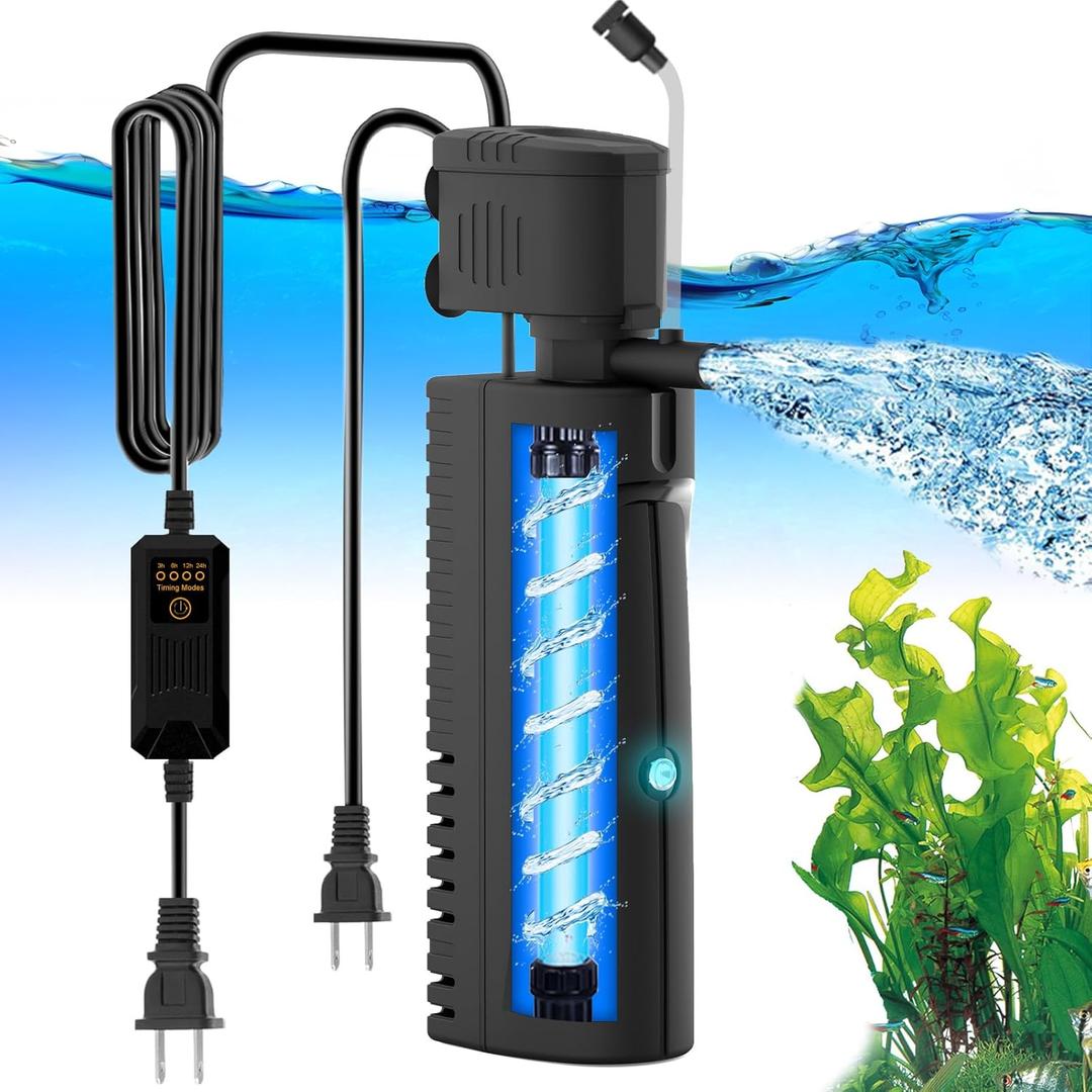 AquaMiracle Aquarium Filter with U - V Light & Pre-Filter Sponge, Fish Tank Filter with Timer for Green Water, Green Clean Machine Turtle Filter with Aeration for Aquarium and Pond 40-120 Gallon