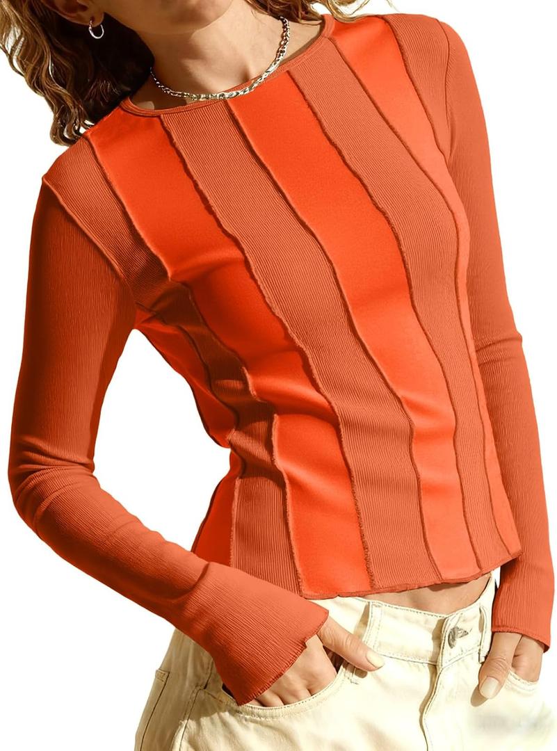 Tankaneo Womens Fitted Long Sleeve Shirts Ribbed Knit Going Out Tops Y2k Trendy Casual Crew Neck Tees Shirts (Orange)