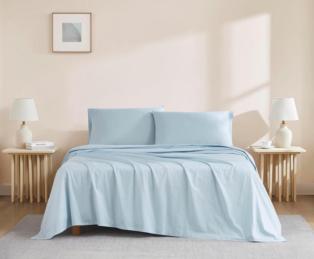 Linen Closet Light Blue Organic 100% Cotton Full Bed Sheets Ultra Light, Breathable, Cool & Crisp Wicks Away Moisture, Deep Pocket, Fully Elasticized 4 Piece Sheet Set, Fits up to 18" Mattress