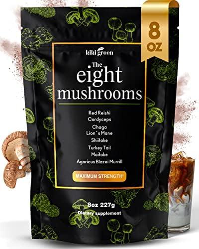 KIKI Green 8 Mushrooms Powder Extract - Supplement Blend 8 oz - Lion's Mane, Reishi, Chaga, Cordyceps, Maitake, Shiitake - for Focus and Energy - Add to Coffee and Smoothies, (BB Dec. 2025)
