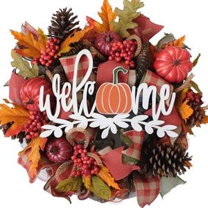 TEMPUS 16" Artificial Maple Leaf Mesh Wreath Fall Pumpkin Welcome Sign Wreaths for Front Door Autumn Harvest Thanksgiving Decoration Home Indoor Outdoor Decor