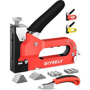 DIYSELF-Staple-Gun-for-Wood, 4-in-1 Upholstery Staple Gun Heavy Duty, Fabric Stapler, wood stapler, Adjustable Manual Upholstery Stapler for Wall, Crafts, Furniture with 4000 Staples/Remover (Red)