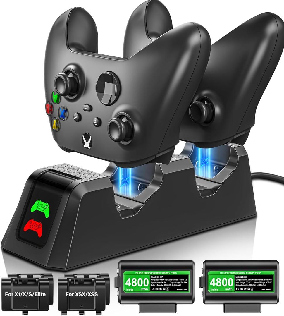 Rechargeable-Battery-Pack-for-Xbox-Controller, 2x4800mWh Batteries Pack with Charging Station for Xbox One/Xbox Series X|S Xbox One S/Xbox One X/Xbox One Elite Controller Charger Dock Accessories (Green)