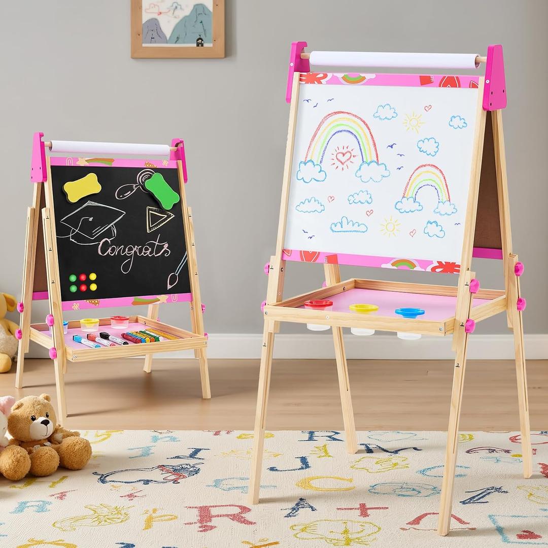 DUMOS Kids Easel Set with Paper Roll, Adjustable Height Wooden Double-Sided Magnetic Chalkboard & Whiteboard Art Station for Ages 3+, Dry Erase Board, Gift Idea with Accessories for Girls and Boys, 21.3W