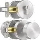 Exterior Door Knob with Single Cylinder Deadbolt Lock Set, Round Entry Door Knob with Deadbolt Locksets, Brushed Nickel Front Door Lock Set, Satin Nickel Front Door Handle and Deadbolt Set