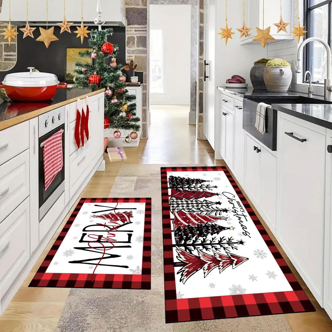 Merry Christmas Kitchen Mats Set of 2, Red Buffalo Plaid Xmas Trees Winter Decor Low-Profile Non-Slip with Rubber Backing Kitchen Rugs for Floor (Red and Black, 19.7"x31.5"+19.7"x47.3")