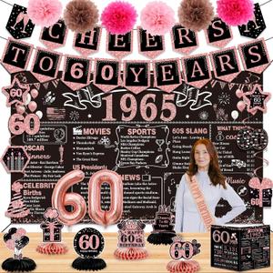 60th Birthday Decorations for Women,24PCS 1965 Banner Decorations,Including Banner,6 Honeycomb Topper,60 Balloons,Cheers to 60 Years Banner,7 Hanging Swirl,6 Paper Poms,Anniversary Card,Sash