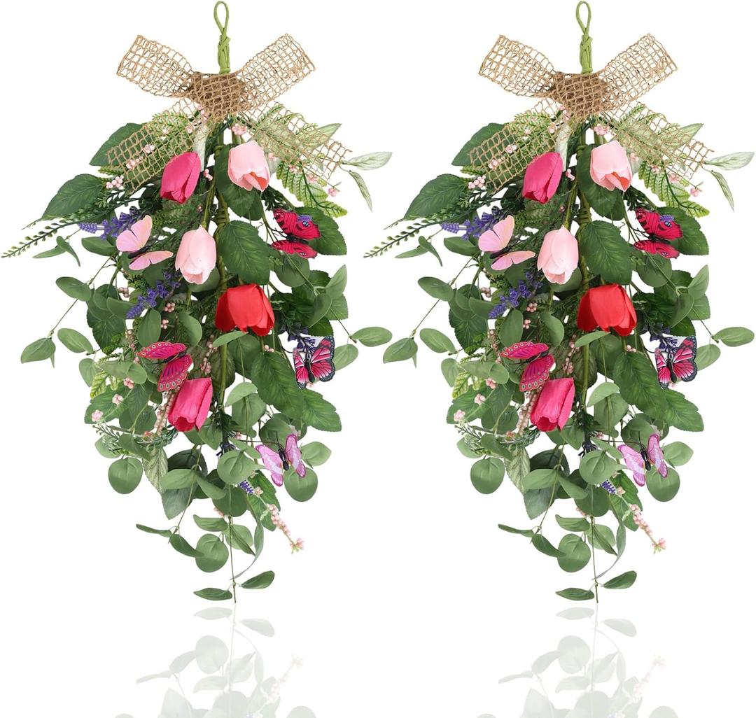 22" Spring Wreaths for Front Door 2 PCS Tulip Teardrop Swag Summer Wreaths with Purple Tassels, Eucalyptus Leaves, Ferns, Butterflies for Indoor Outdoor Wall Festival Home Farmhouse Wedding Decor