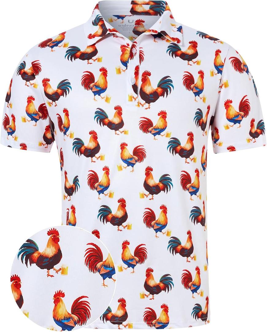 uideazone Golf Shirts for Men Dry Fit Polo Shirt Short Sleeve Moisture Wicking Golf Polos Performance Golf Tennis Shirt (Small, Funny Rooster)