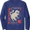 Funny Japanese Cat Skateboard Vintage Kawaii Graphic Long Sleeve T-Shirt