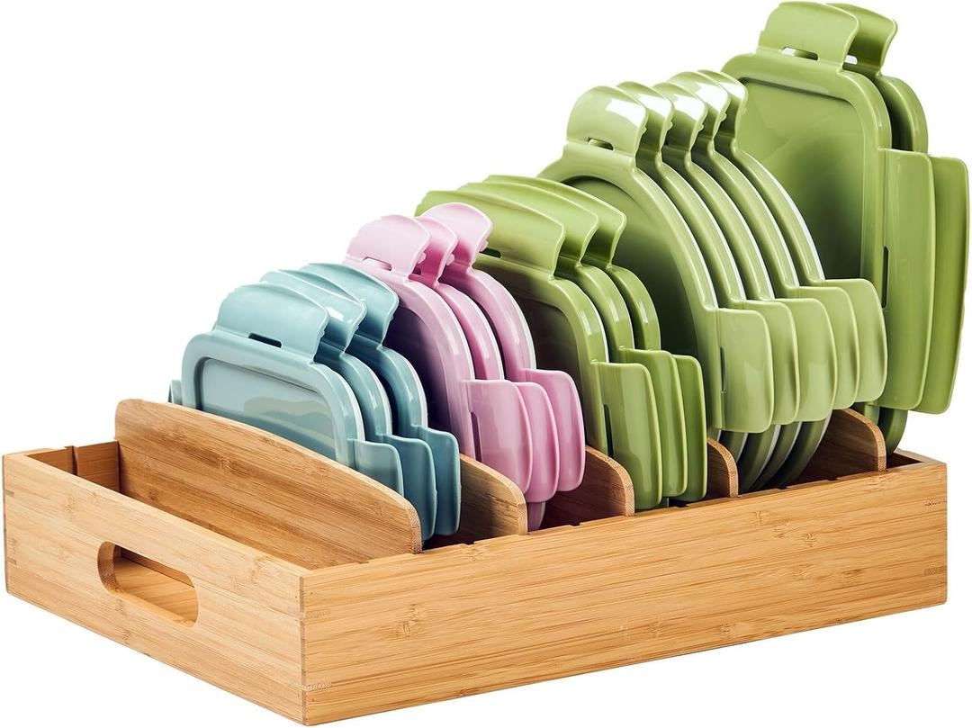 Umilife Kitchen Cabinet Organizer for Food Storage Container Lids, with Adjustable Dividers, Bamboo Drawer Caddy, Box for Kitchen Storage And Organization (Large)