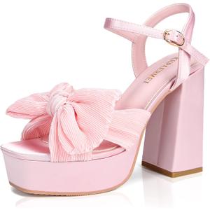 KHPAERMEI Bow Knot Platform Heels for Women Fashion Open Toe Chunky Heeled Sandals Ankle Strap Wedding Party Dress High Heels (Pink) 9