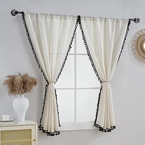 VOILYBIRD Short Curtains for Small Window Natural Linen Blended Farmhouse Curtains Country Style 45 Inch Length for Kitchen, W40 x L45, Black Tassel, 2 Panels Set