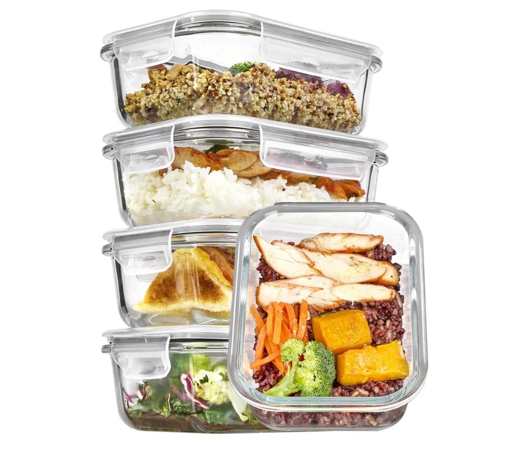 5Pack 22oz Glass Storage Containers with Lids, Glass Meal Prep Food Container Sets with Snap Airtight Lids for Microwave, Oven, Freezer and Dishwasher, Grey
