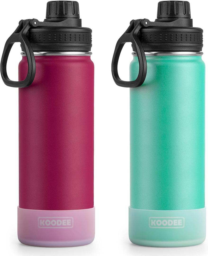 koodee Water Bottle 2 Pack 26 oz Stainless Steel Double Wall Vacuum Insulated Metal Sports Water Bottle with Leakproof Spout Lid (Fuchsia Red-Teal)