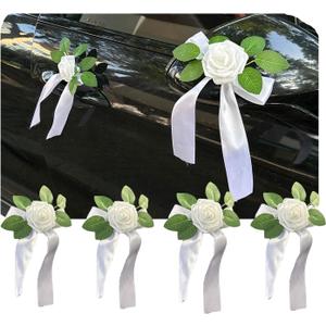 4Pack Wedding Car Door Handle Flowers with Suction Cups  Artificial Silk Floral Decorations with White Satin Bows for Bridal Shower, Just Married Decor, Vintage or Modern Cars