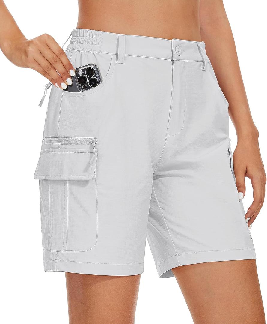 MAGCOMSEN Women's 7" Hiking Golf Shorts 6 Pockets Lightweight Quick Dry Outdoor Casual Cargo Shorts Water Resistant (White, L)