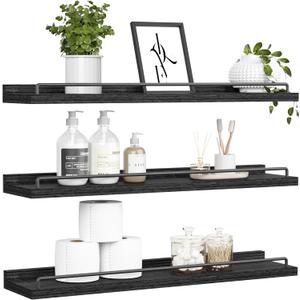 32 inches Long Floating Shelves, Bathroom Decor Shelves Over Toilet, Farmhouse Wall Shelves for Living Room, Bedroom, Picture Frames, Plants, Kitchen, Set of 3 (Black)
