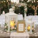 TRIROCKS Set of 2 Decorative Candle Lantern 12'' & 8'' High Metal Candle Holder Hanging Lantern Perfect for Home Decor Patio Living Room Parties Events Tabletop Indoors Outdoors (White)