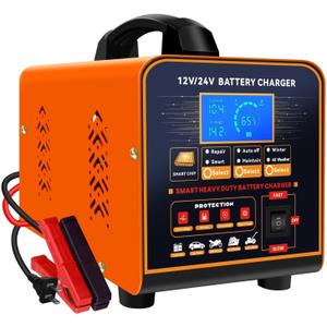 SolaMr 12V 24V Heavy Duty Car Battery Charger, 0-20A Automatic Trickle Charger for Car Truck Motorcycle RV Lawn Mower, Auto Smart Deep Cycle Battery Maintainer for AGM Lead Acid Batteries, Metal Case