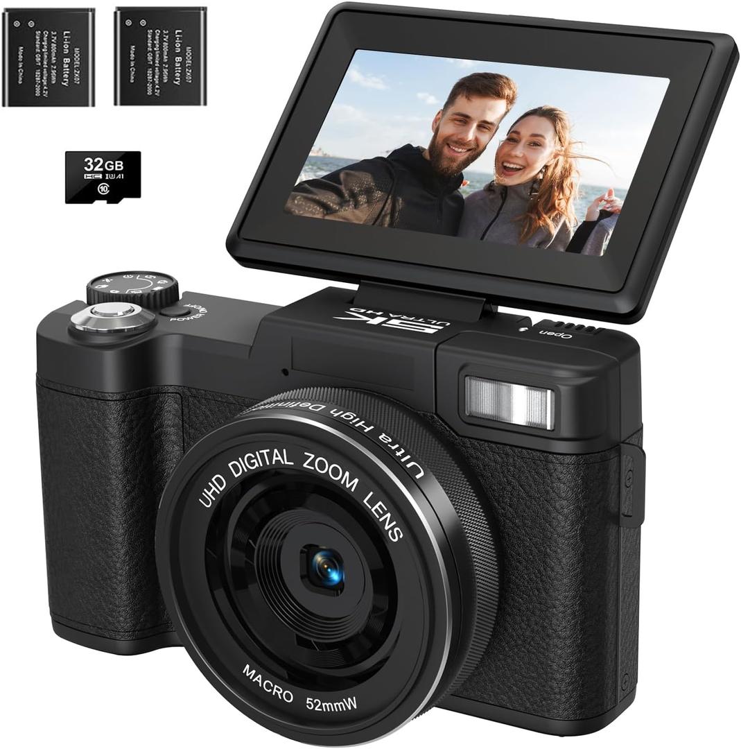 5K Digital Camera for Photography 64MP Auto-Focus Vlogging Camera for YouTube 3" 180 Flip Screen Compact Travel 18X Digital Zoom, Anti-Shake 2 Batteries & 32GB TF Card