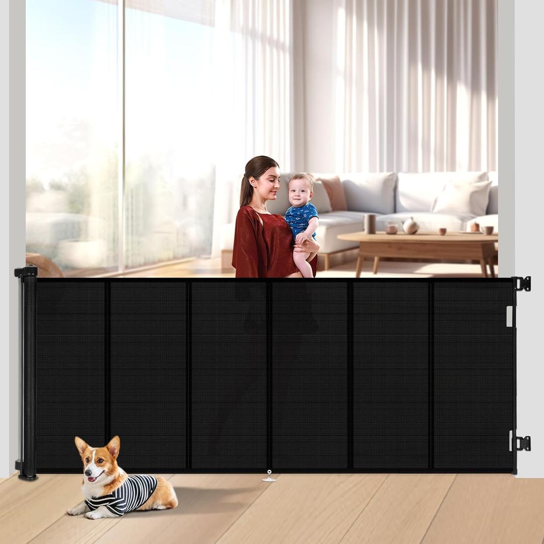 Upgraded 120 inch Retractable Baby Gates Extra Wide with Reinforced Strip Design to Prevent Crawling Through, 48" Extra Tall Retractable Gates, 10 FT Retractable Dog Gate for Indoor/Outdoor (Black)