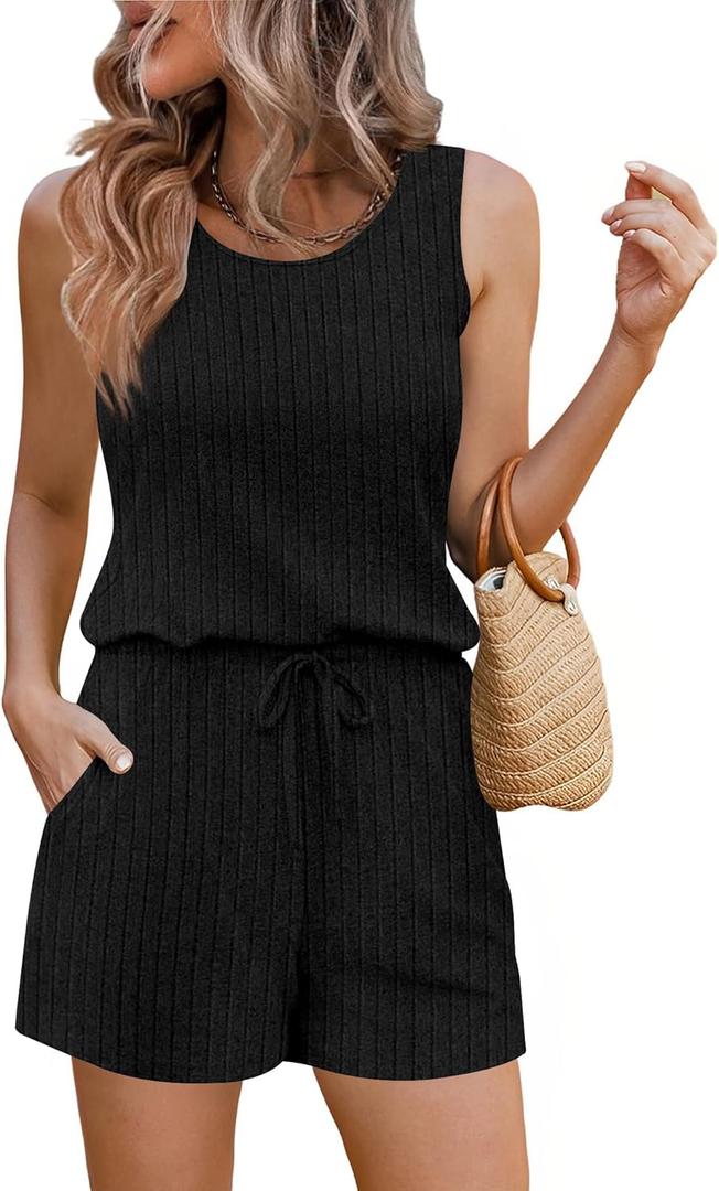 Ekouaer Rompers for Women Summer 2025 Casual Sleeveless Scoop Neck Tank Top Ribbed Short Jumpsuits Romper with Pockets (Medium, Black)