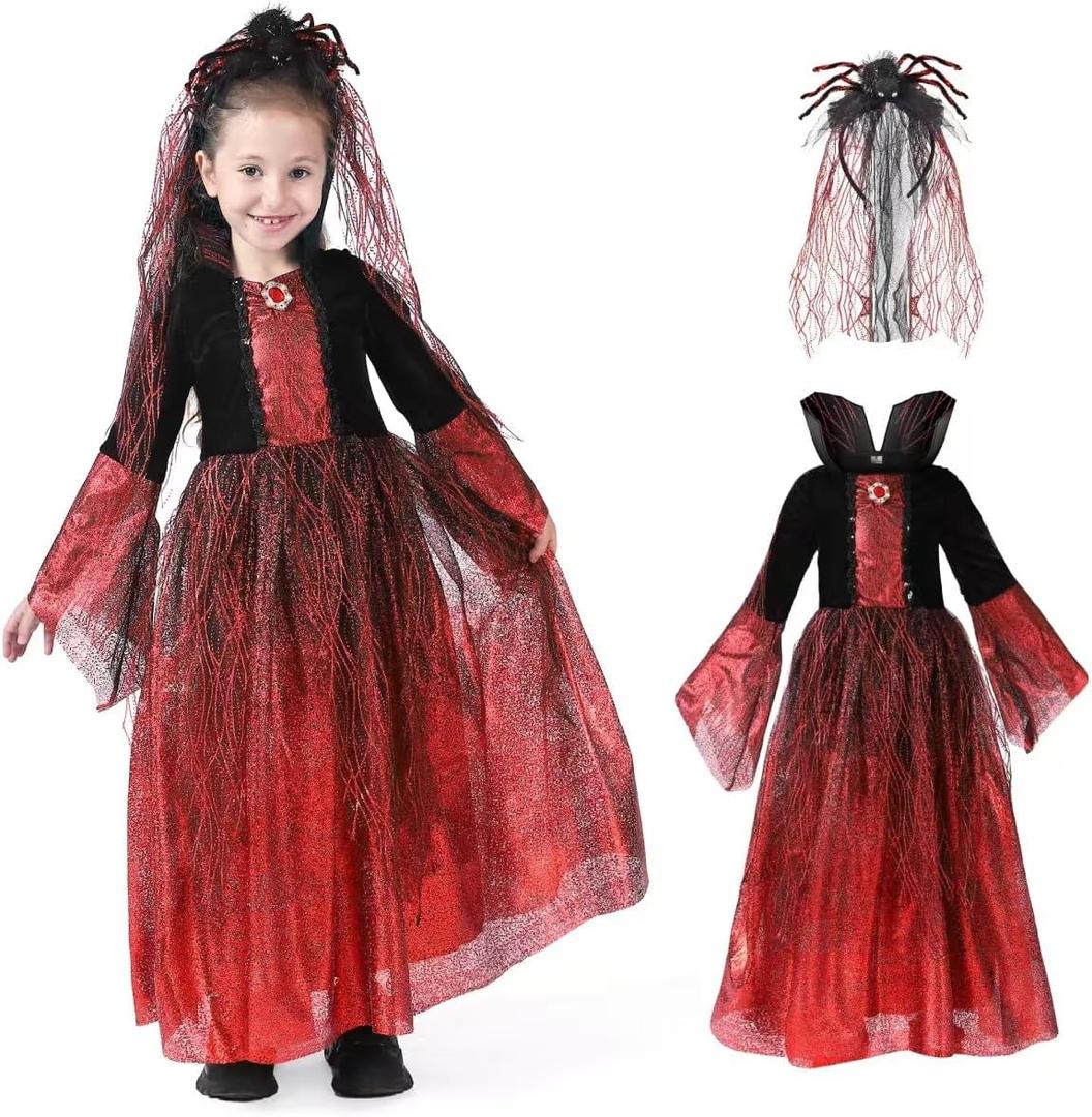Royal Vampire Costume for Girls Deluxe Set Halloween Gothic Vampiress Queen Dress Up Party (7-9 Years, Black)