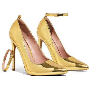Elisabet Tang Women's Pumps Closed Pointed Toe Heels with Ankle Strap Slip on Stiletto High Heels 5 Inch for Wedding Party Sexy Dress Shoes Gold Patent 9