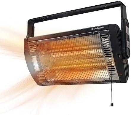 Comfort Zone Ceiling Mounted Space Heater, 90 Degree Adjustable Tilt, Dual Quartz, Radiant, Electric, Safety Grille, Overheat Protection, Hardware Included, Ideal for Workshop, Garage, 1,500W, CZQTV5M