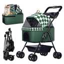 Foldable pet Stroller for Cats with Detachable Weather Cover, 4 Wheels Pet Strolling Cart for Dogs and Cats with Storage Basket and Cup Holder (Green）