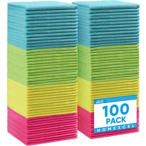 HOMEXCEL Microfiber Cleaning Cloth,100 Pack Cleaning Rags, Cleaning Towels with 4 Color Assorted, 11.5"X11.5" Shop Towels (Green/Blue/Yellow/Pink)