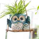 Swing Owl Hanging Planters for Indoor Plants, Cute Small Succulent Pots with Drainage Hole, Unique Resin Plant Hangers Outdoor, Hanging Plant Holder for String Of Pearls, Gift Ideas for Mother (Blue-2)