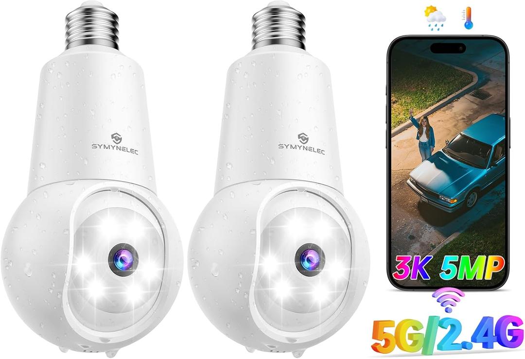 SYMYNELEC Light Bulb Security Camera: 5G WiFi Socket Camera Outdoor - Wireless Lightbulb Camera Waterproof for Home with 3K Night Vision Motion Detection 2Packs