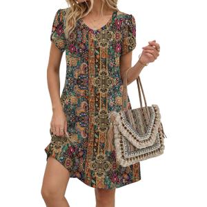 Zeagoo Summer Dresses for Women Casual A Line Dress 2026 V Neck Short Dresses Floral Sundress Pleated Boho Dress (L)